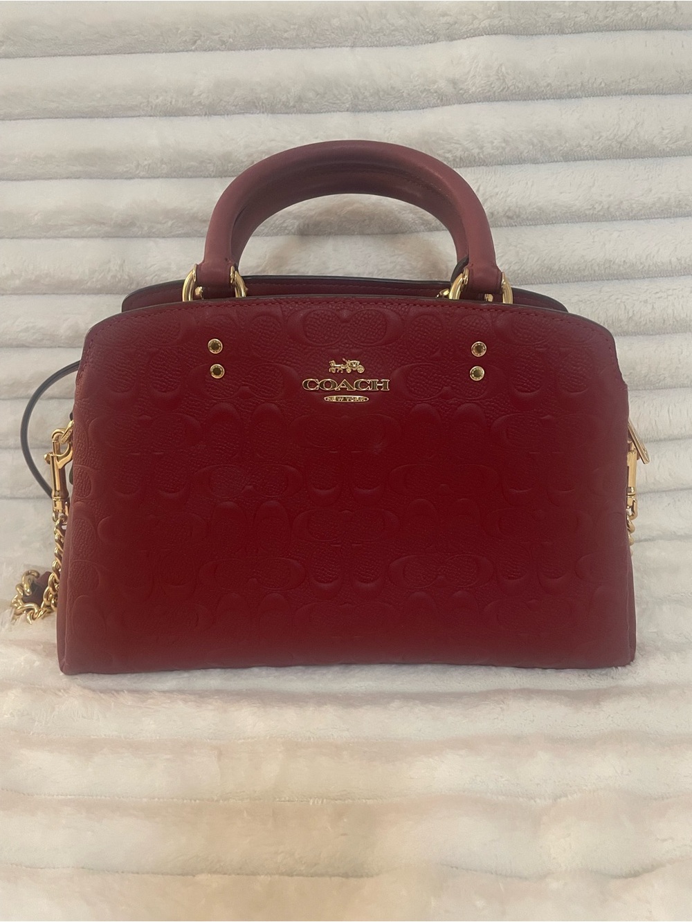 Coach Red Embossed Leather Satchel with Gold Hardware - Picture 2 of 7